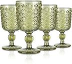 Joeyan Green Vintage Wine Glasses,Water Goblet Glasses,Stemmed Drinking Glasses with Embossed Pattern,Colored Glassware for Wedding Party Banquet Feast,10 oz,Set of 4,Dishwasher Safe