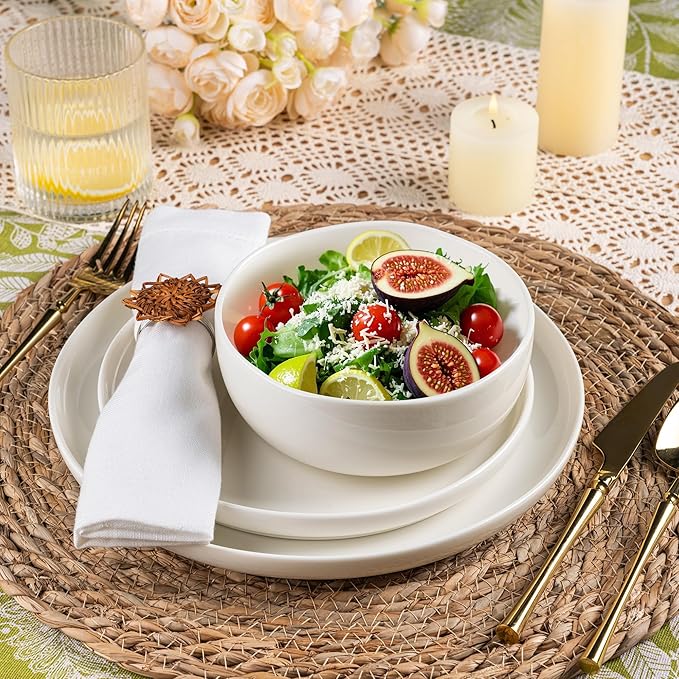 Ceramic Dinnerware Sets for 4,Handcraft Wavy Rim Stoneware Plates and Bowls Sets,Highly Chip and Crack Resistant | Dishwasher & Microwave & Oven Safe Dishes set,Service for 4 (12pc)-White &Wave