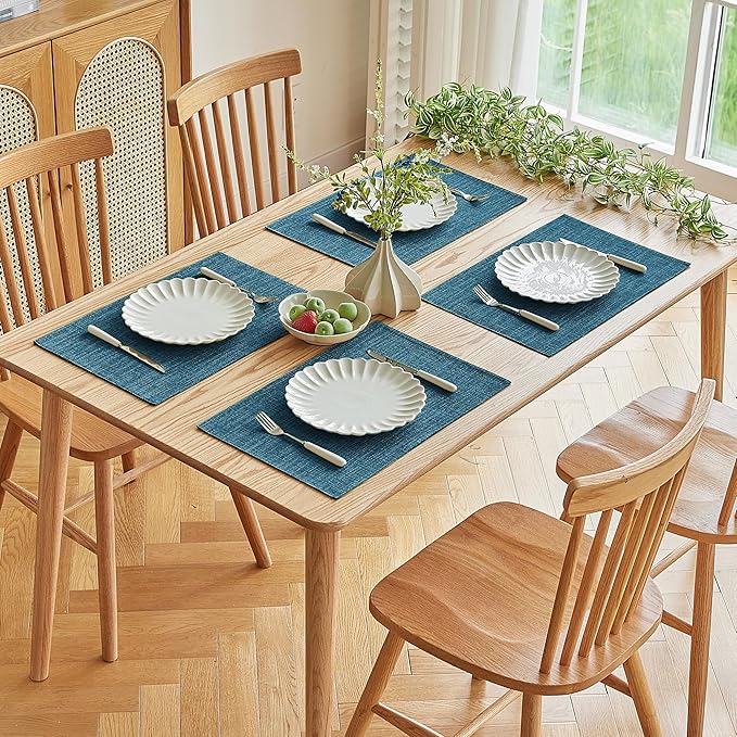 Softalker Faux Linen Placemats Set of 4-12 x 18 Inch, Heat Resistant Double Layered Durable Burlap Farmhouse Place Mats, Non-Slip Washable Rustic Table Mats for Dining, Kitchen, Party（Teal