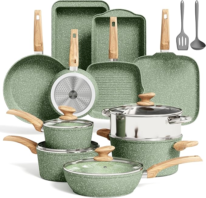 MAISON ARTS 17 Piece Green Pots and Pans Set Non Stick Granite, Non Toxic Induction Kitchen Cookware Sets, Pan and Pot Sets for Cooking Nonstick