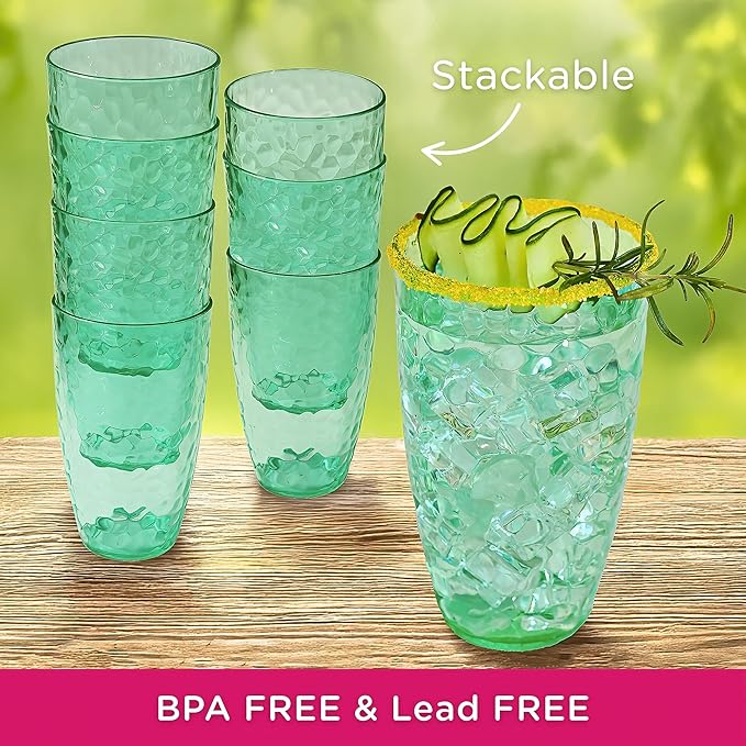 Kate Aspen Hammered Teal Plastic Drinking Glasses Set of 8, 23 oz, Acrylic Glasses Drinkware, Tumblers & Water Glasses for Patio, Iced Tea, Smoothies, BPA-Free Plastic Cups Reusable
