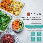 Razab 30 PC Glass Food Storage Containers with Lids - Reusable Glass Meal Prep Containers for Lunch and Leftovers - Airtight & Leakproof Snap Locking Lids - Oven, Freezer, Microwave, Dishwasher Safe