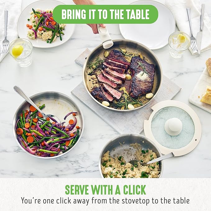 GreenLife 10 Piece Stainless Steel Pots and Pans, Detachable & Stackable Kitchen Set, Tri Ply Clad PFAS Free Cookware, Space Saving with Removable Handle, Induction & Oven Safe, RV Cookware, Glass Lid