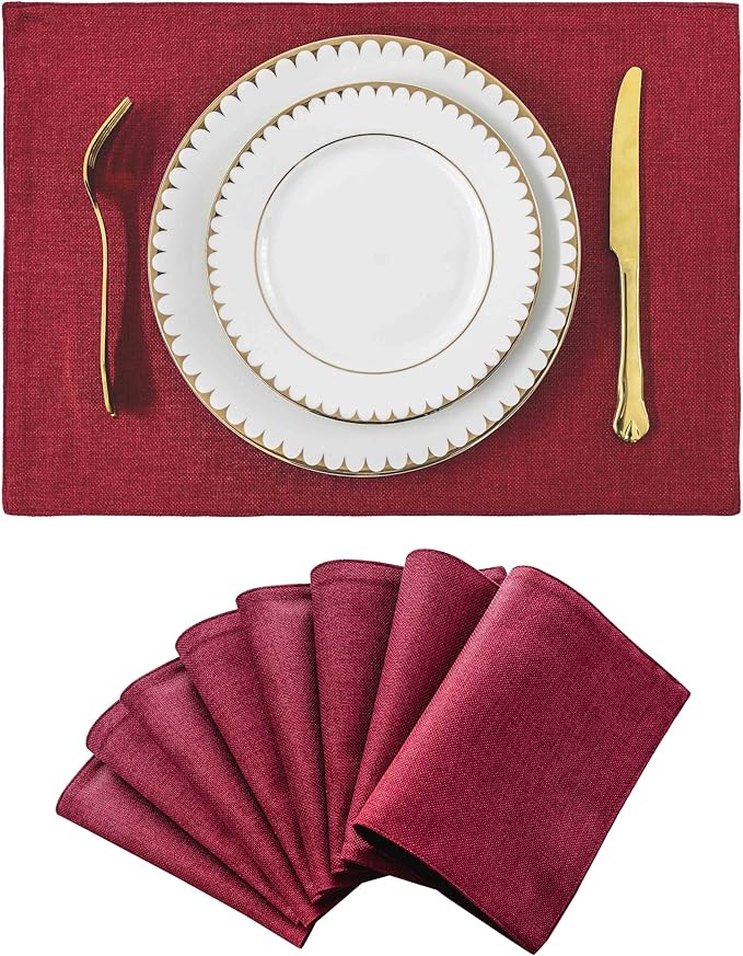 Home Brilliant Cloth Placemats Set of 8 Red Linen Placemats for Dinner Heat Resistant Dining Table Mats Kitchen Place Mats, Dark Red Burgundy