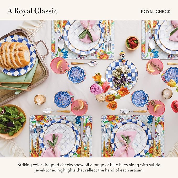 MACKENZIE-CHILDS Tumbler Glasses, Elegant Drinkware, Glasses with Gold Rim, 8 Ounces, Set of 2, Blue-and-White Royal Check