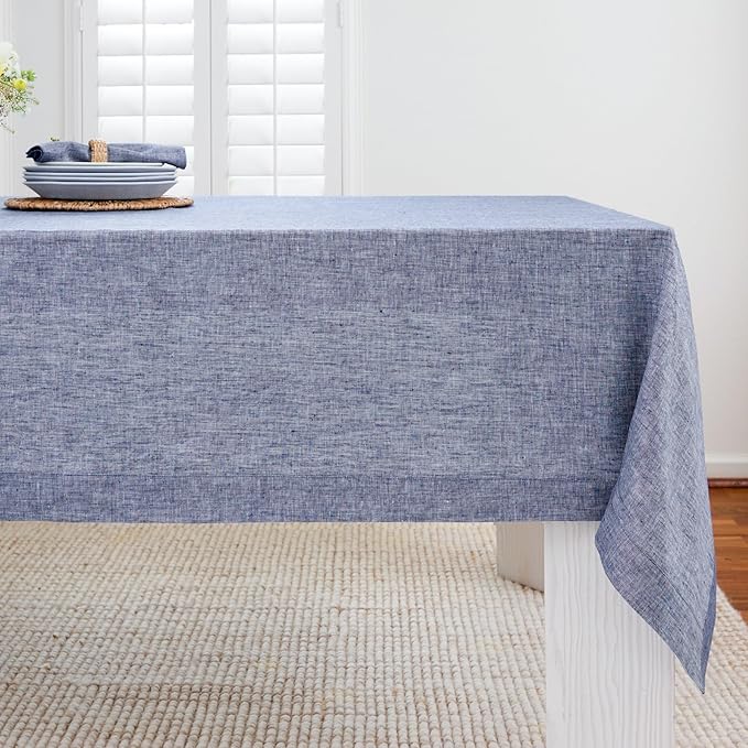 Solino Home Linen Tablecloth 60 x 144 Inch - 100% Pure Linen Chambray Indigo Table Cloth for Rectangle Tables - Athena, Machine Washable Tablecloth for Summer