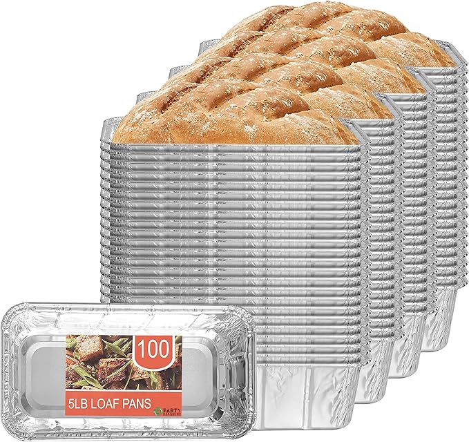PARTY BARGAINS 5 Lb Aluminum Loaf Pan - 100 Pack, Heavy Duty Disposable Bread Pans for Perfect for Baking, Lasagna, Meatloaf & Food Serving (Max 240°C)