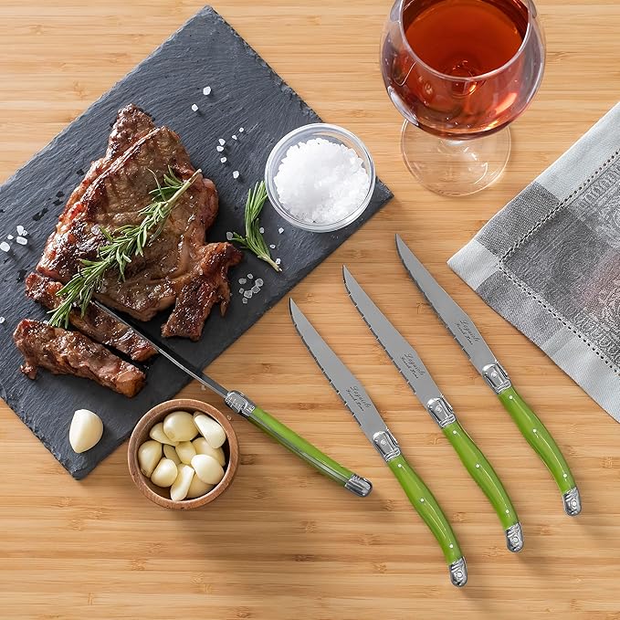French Home Laguiole 4-Piece Steak Knife Set – Sophisticated Stainless Steel Dinner Knives with Spring Grey Handles & Iconic Bee Emblem – Serrated Knives for Smooth Cutting (9.25")