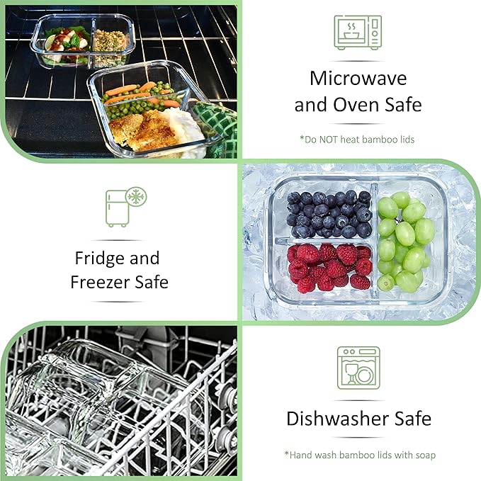 Large Glass Bento Box Containers with Bamboo Lids, 3 Compartment Glass Meal Prep Container Set (2 Pack, XL) - 100% Plastic Free, Eco-Friendly Lunch Containers, Bento Boxes for Adults