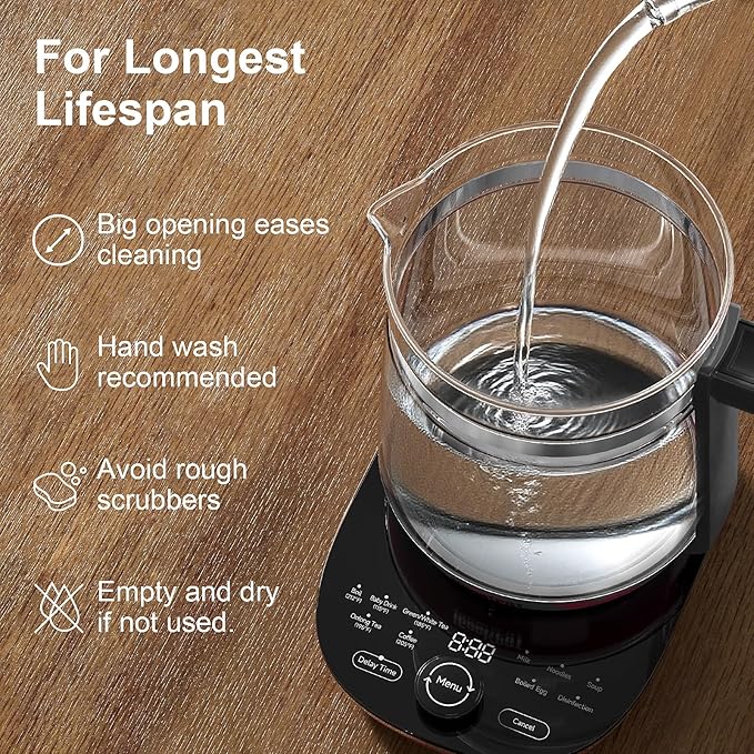 Glass Electric Kettle with Tea Infuser – 1.5L Stainless Steel, 1200W Rapid Boil, Temp & Programmable Control for Teas/Coffee – Black