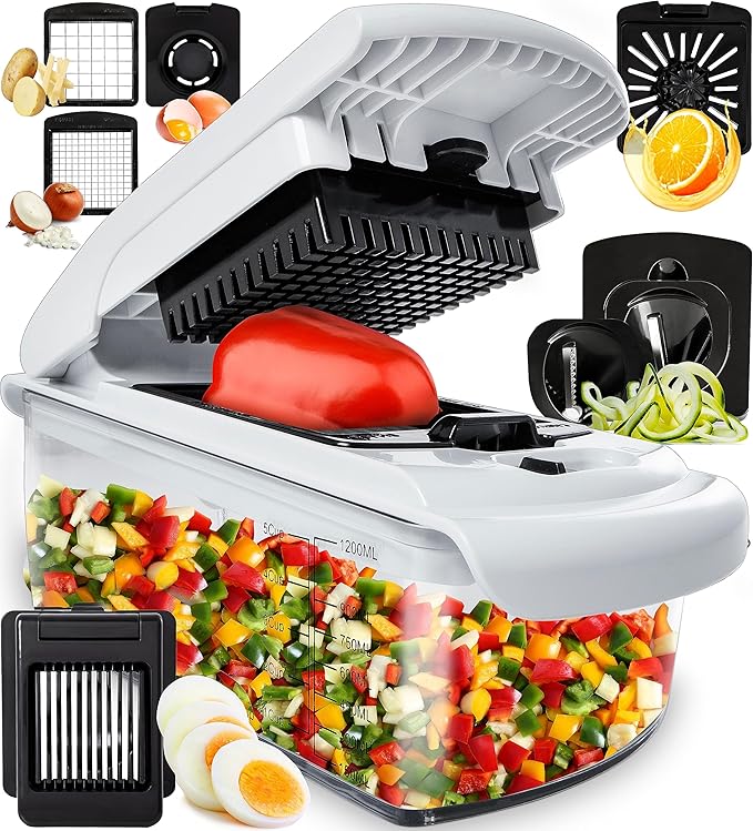Fullstar The Original Pro Chopper - Vegetable Chopper and Spiralizer, Food Chopper with Container, Fruit Slicer, Kitchen Gadgets & Accessories, Home Essentials (8 in 1, White)