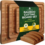 Wooden Cutting Boards for Kitchen, Wood Cutting Board - Bamboo Cutting Board Set of 3 with Holder, Dark Color, Durable & Eco-Friendly, Perfect for Chopping, Serving, and Food Prep.