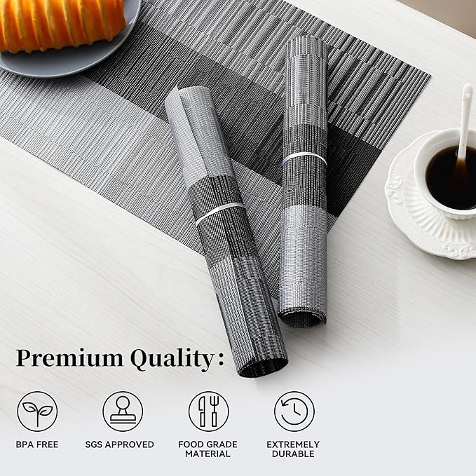Leetaltree Grey with White Striped Placemats Set of 6 - Heat Resistant Non-Slip Place mats for Dining Table, Washable Durable PVC Vinyl Woven Table Mats（Grey Stripe, 6）