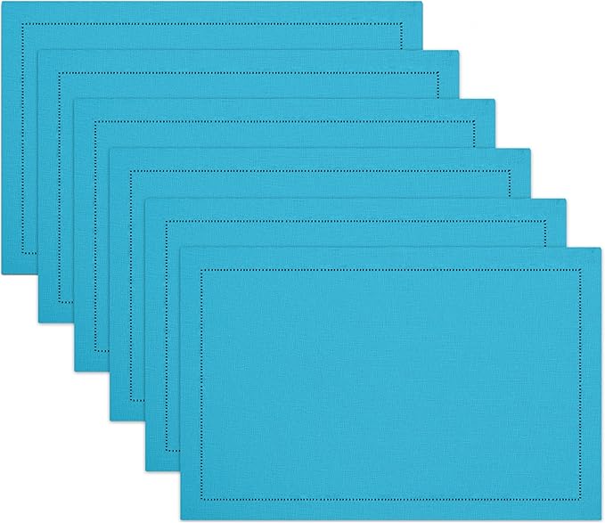 Ruvanti Linen Placemats Set of 6-13x19 Inch, Classic Hemstitch, Heat ‎Resistant Machine Washable Place Mats, Soft & Elegant- Perfect for Christmas, ‎Thanksgiving, Easter, Weddings, Dinner - Blue