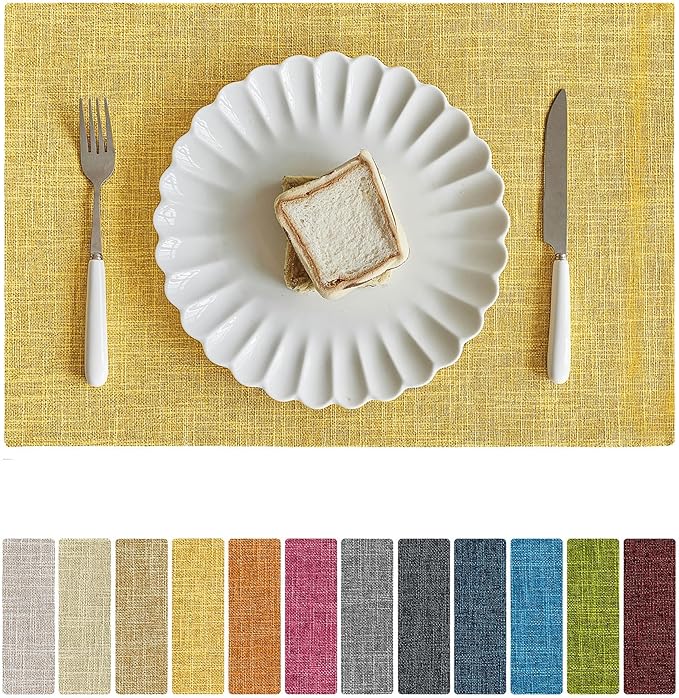 Softalker Faux Linen Placemats Set of 12-12 x 18 Inch, Heat Resistant Double Layered Durable Burlap Farmhouse Place Mats, Non-Slip Washable Rustic Table Mats for Dining, Kitchen, Party（Yellow