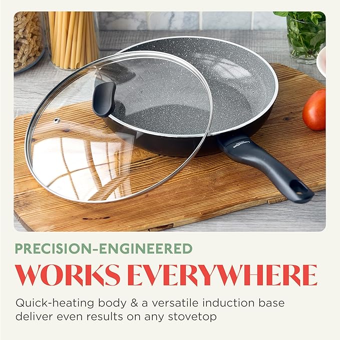 Rigoletto 3.1QT Nonstick Sauté Pan & Lid, Made in Italy, Vesuvio Layered Ceramic PFAS-Free Surface, Induction Ready, Dishwasher & Metal Utensil Safe, Granite Finish, Stay-Cool Handle, Black