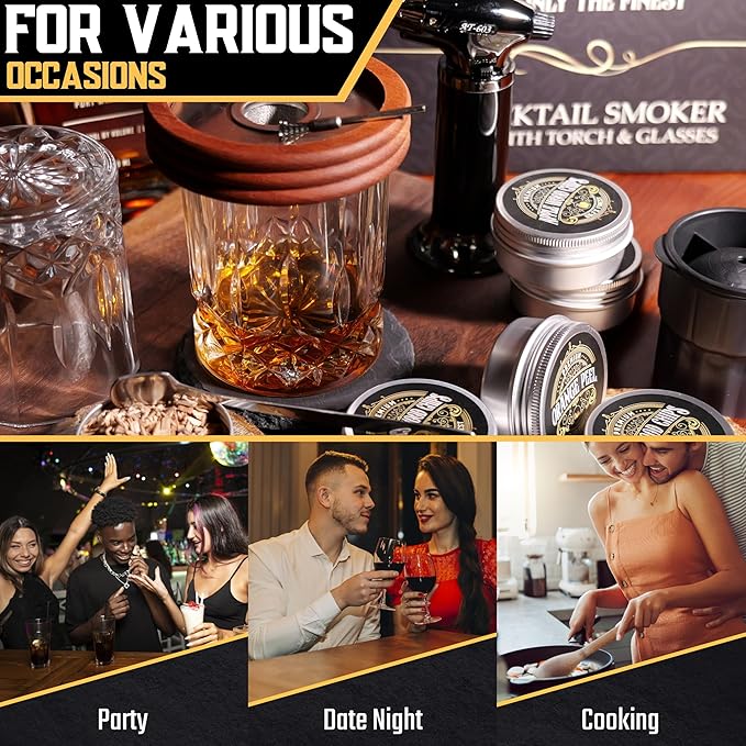 Whiskey Smoker Kit | Cocktail Smoker Kit| Bourbon Smoker Kit| Old Fashioned Smoker Kit with Torch & Glasses, 6 Wood Chips & Gift Box for Smoking Drinks| Whiskey Gift for Men (No Butane Incl.)