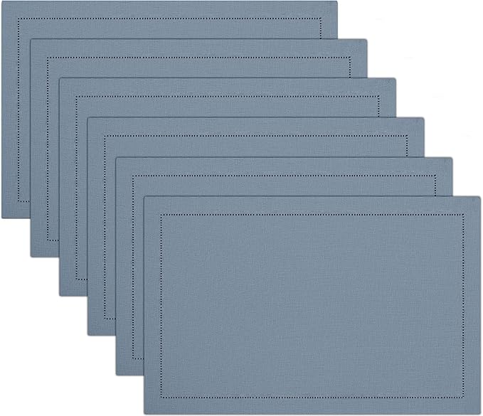 Ruvanti Linen Placemats Set of 6-13x19 Inch, Classic Hemstitch, Heat ‎Resistant Machine Washable Place Mats, Soft & Elegant- Perfect for Christmas, ‎Thanksgiving, Easter, Weddings, Dinner - Grey