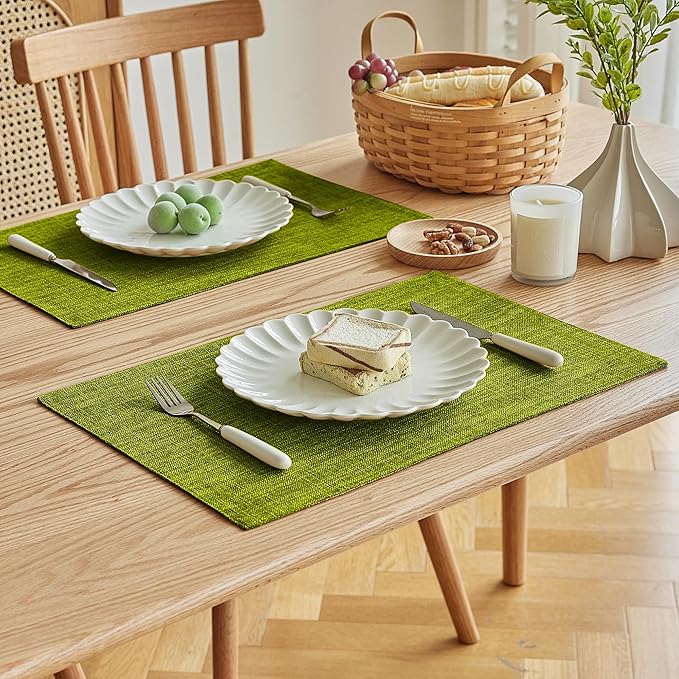 Softalker Faux Linen Placemats Set of 12-12 x 18 Inch, Heat Resistant Double Layered Durable Burlap Farmhouse Place Mats, Non-Slip Washable Rustic Table Mats for Dining, Kitchen, Party（Lime Green