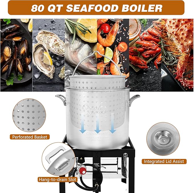 Creole Feast SBK0801 80 Qt Seafood Boiling Kit with Strainer, Outdoor Seafood Boil Pot and Basket with 100,000 BTUs Propane Burner and 10 PSI Regulator, Black & Silver