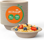ECOLipak 150 Pack Compostable Disposable Paper Bowls, 16 OZ Bagasse Heavy duty Biodegradable Eco Friendly Sugarcane Soup Bowls for Salad Dessert(Nature)