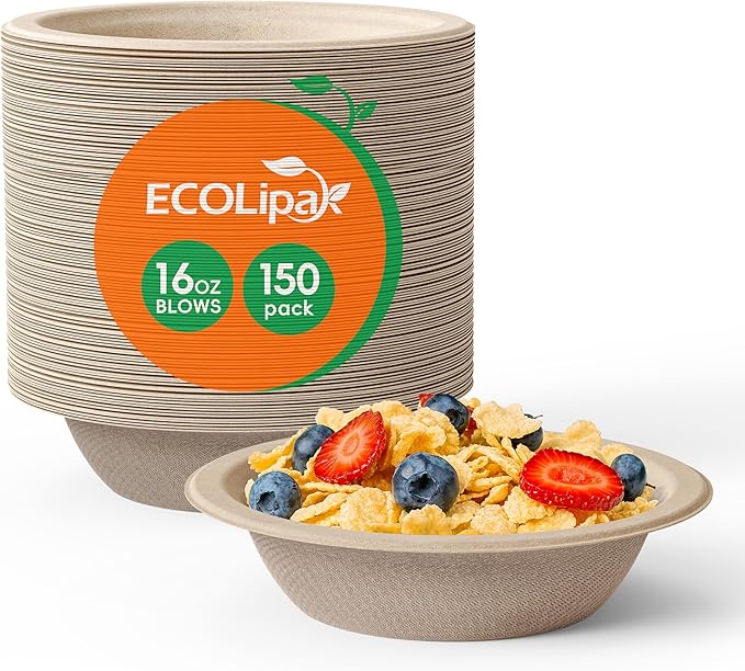 ECOLipak 150 Pack Compostable Disposable Paper Bowls, 16 OZ Bagasse Heavy duty Biodegradable Eco Friendly Sugarcane Soup Bowls for Salad Dessert(Nature)