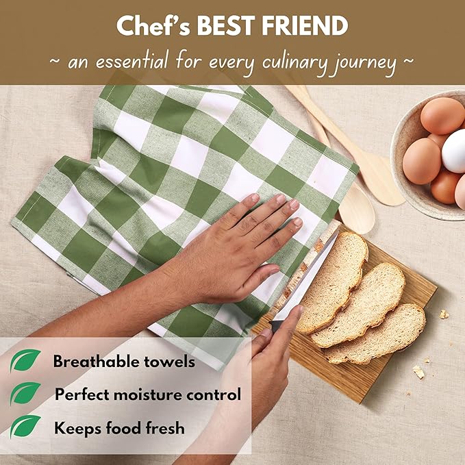 Native Fab Buffalo Check Kitchen Dish Towels, 16"x26", 4 Pack - 100% Cotton Plaid Washcloths - Absorbent Dish Cloths Set, Cleaning Hand Towels with Hanging Loop - Mint Green White