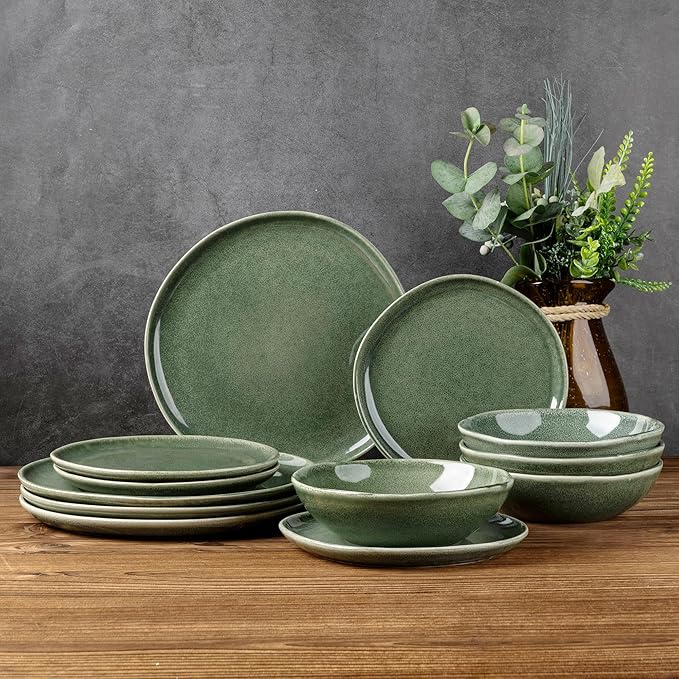AmorArc Ceramic Dinner Plates Set of 6, 10.5 Inch Handmade Reactive Glaze Stoneware Plates, Rustic Shape Dinnerware Dish Set for Kitchen, Microwave & Dishwasher Safe, Scratch Resistant