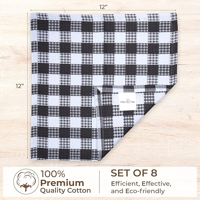 Urban Villa Cotton Dish Cloth Set of 8, Waffle Kitchen Cloth 12x12 Inch Highly Absorbent Soft Dish Cloths for Kitchen Cleaning & Drying Dishes Mitered Corner Dish Towels - Grey White, Buffalo Checks