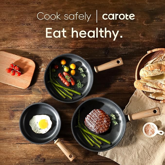 CAROTE Nonstick Skillet, Nonstick Deep Frying Pan, 10" Saute Pan with Lid, 3.8QT Deep Frying Pan Titanium Pan Chef's Pan, Stay-cool Handle, Compatible with All Stoves, Black