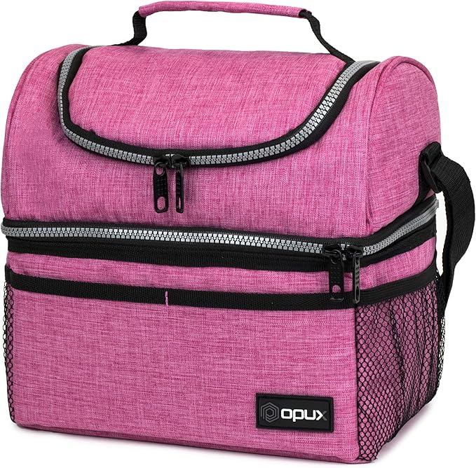 OPUX Lunch Box For Women, Insulated Large Lunch Bag Adult Work, Double Decker Lunchbox Meal Prep, Dual Compartment Leakproof Lunch Cooler, Soft Lunch Pail Tote for Girls, Kids, School (Pink, 16 Cans)