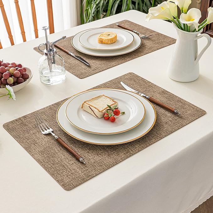 Romanstile Vinyl Placemats Set of 4-12 X 18 Inch - Heat Resistant Place Mats 100% Waterproof Oilproof Wipeable Reversible Faux Leather Table Mats for Kitchen/Dining/Party/Outdoor, Coffee