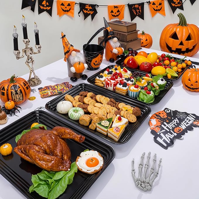 SUT 6-Pack Black Serving Trays for Entertaining-16 x 11" Serving Platters for Snacks, Fruit, Cookies Reusable Plastic Trays for Serving Food and Party Organization in Kitchen & Halloween Parties