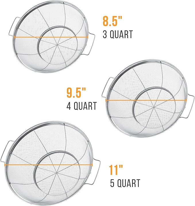 U.S. Kitchen Supply Set of 3 Stainless Steel Colander Strainers Net Baskets - 11", 9.5" & 8.5" Sizes - Colander with Handles & Resting Base - Stainless Steel Sieve, Strainers and Colanders for Kitchen