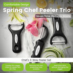 Spring Chef Stainless Steel Swivel, Y & Julienne Vegetable Peelers for Kitchen, Potato Peelers with Soft Grip Handles, Kitchen Utensils Set of 3 for Fruits, Veggies, Apple, Carrot, Cucumber - Black