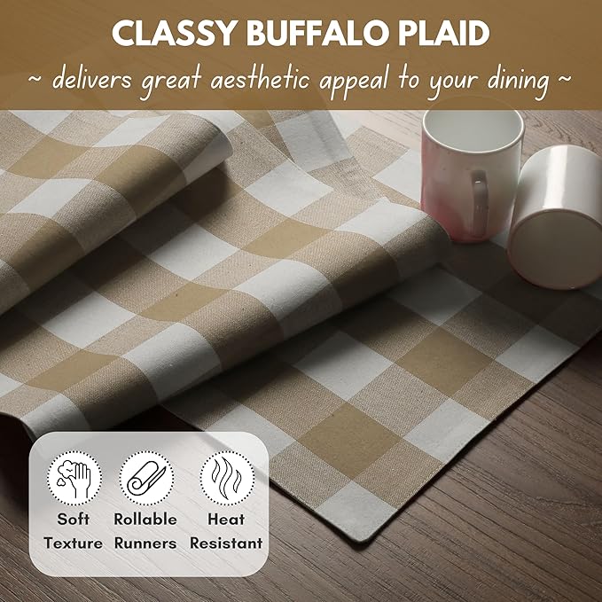 Native Fab Table Runner Buffalo Check Plaid 100% Cotton - 13x90 Inches Kitchen Dining Table Decoration for Indoor Outdoor Farmhouse Home Party Decor - Beige and White