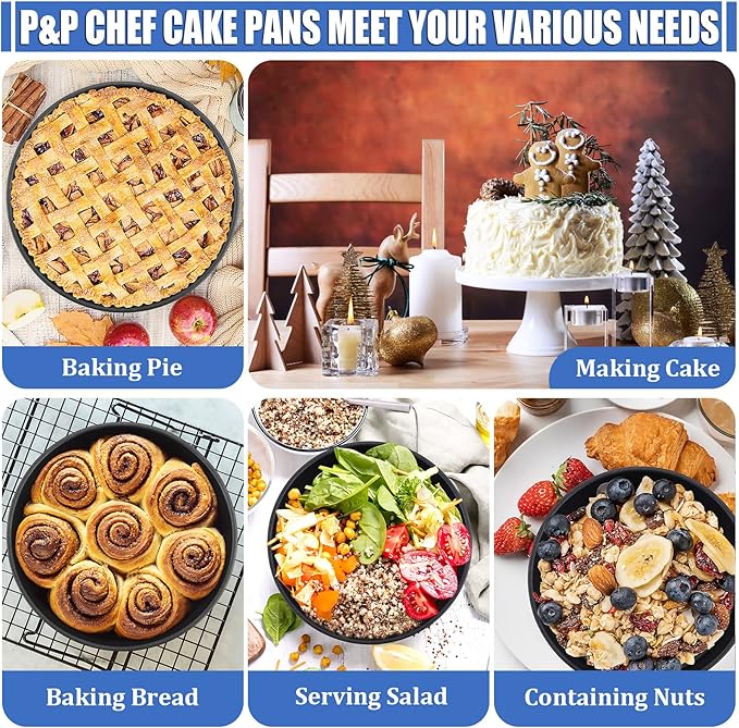 P&P CHEF 8 Inch Cake Pan, Nonstick Round Baking Layer Cake Pans Tins Set for Birthday Wedding, 2.94-Inch Deep Side & One-piece Design, Stainless Steel Core & Easy Clean, Black 3Pcs