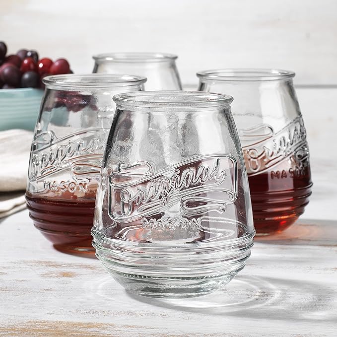 Glaver's Stemless Wine Glasses 21 Oz. Set Of 4 Original Mason Vintage Goblet Beverage Glasses Uses For Your Cocktail Lounge, Whiskey Parties, and Everyday Dinner Table. Dishwasher Safe. (Large)
