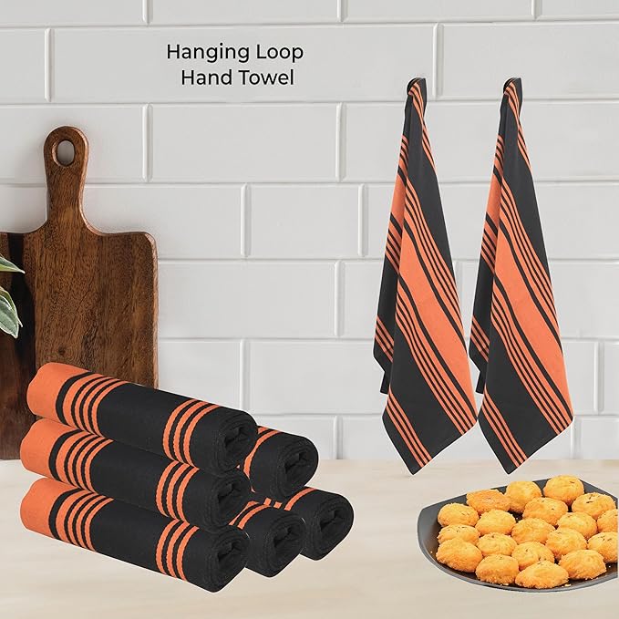 Urban Villa Kitchen Towels 100% Cotton Pack of 6, Highly Absorbent Quick Drying Super Soft Premium Dish Towels for Kitchen with Hanging Loop Hand & Tea Towels - 20x30 Inch, (Orange & Black Striped)