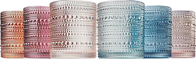 Khen Beaded Tumbler Drinking Glasses Set | Set of 6 | Fall & Holiday Decor Vintage Hobnail 11 OZ Muted Bubble Design Whiskey Glassware, Old-Fashioned, Embossed Design Glass for Water, Wine, Cocktail