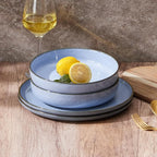 E-far Pasta Bowls Set of 4, 35oz Large Salad Bowls for Serving, Wide and Shallow Ceramic Plates for Kitchen, Double Reactive Glaze, Microwave and Dishwasher Safe, Ocean Blue