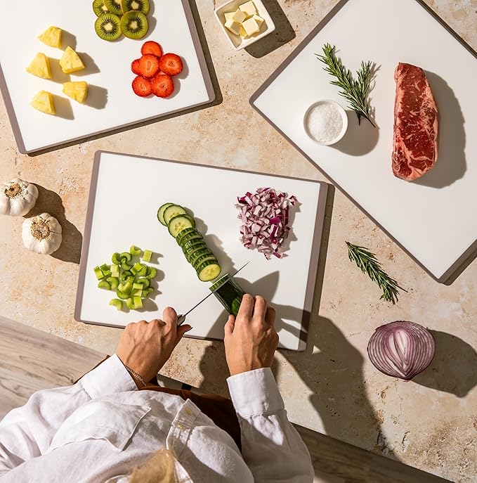 SMIRLY Plastic Cutting Board Set with Holder 3 Pieces, Non-Slip Dishwasher Safe Chopping Boards for Kitchen, Grey & White