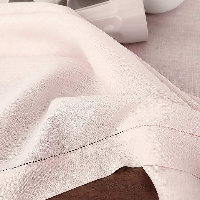 Solino Home Linen Tablecloth 60 x 108 Inch - Classic Hemstitch 100% Pure Linen Pink Table Cloth for Rectangle Tables - Machine Washable Tablecloth for Summer, Halloween
