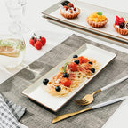 Sweese Rectangular Porcelain Platters, Vanilla White with Brown Trim, Serving Trays for Parties, 13.8 Inch Large Serving Dishes for Steak, Taco, Sushi, Appetizer - Dishwasher & Oven Safe - Set of 4