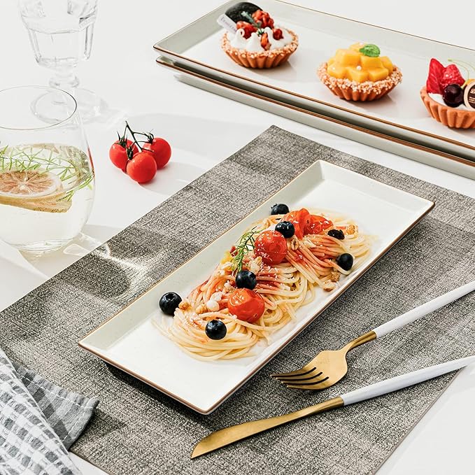 Sweese Rectangular Porcelain Platters, Vanilla White with Brown Trim, Serving Trays for Parties, 13.8 Inch Large Serving Dishes for Steak, Taco, Sushi, Appetizer - Dishwasher & Oven Safe - Set of 4