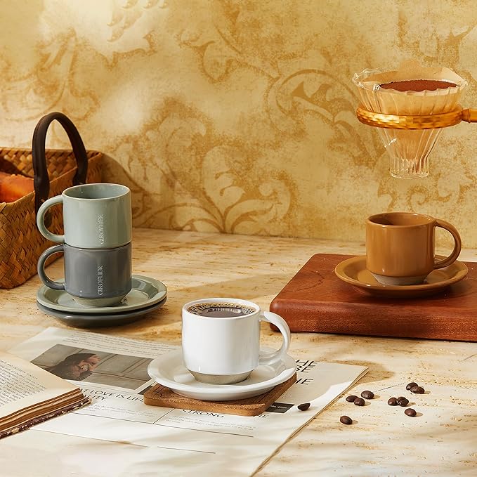 Oak Espresso Cups Set of 4, 3 oz Demitasse Cups, Modern Style, Multi Colors, Microwave & Dishwasher Safe