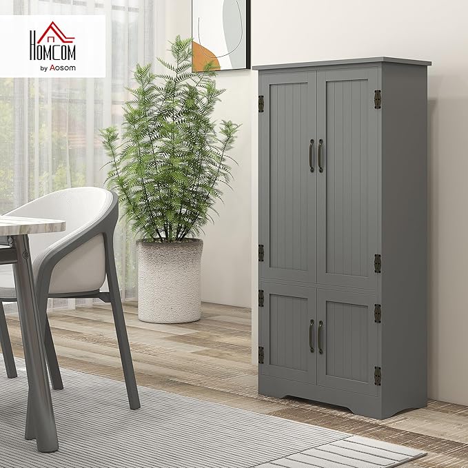HOMCOM 48.5" Kitchen Pantry Cabinet with 2 Adjustable Shelves and 4 Beadboard Doors, Compact Farmhouse Kitchen Storage Cabinet for Dining Room, Gray