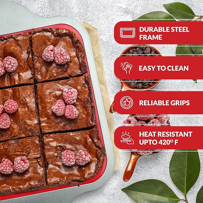 Boxiki Kitchen Non-Stick Silicone 8x8 Square Cake and Brownie Pan with Easy Grip Steel Frame Handles - Easy to Release, Oven & Dishwasher Safe