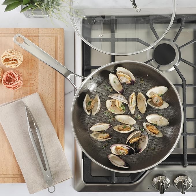 Martha Stewart Badgley Hybrid Nonstick 12 Inch TriPly Stainless Steel Large Fry Pan With Lid & Stay Cool Handle - Laser Etched Non-Toxic Nonstick Skillet - Dishwasher and Induction Safe