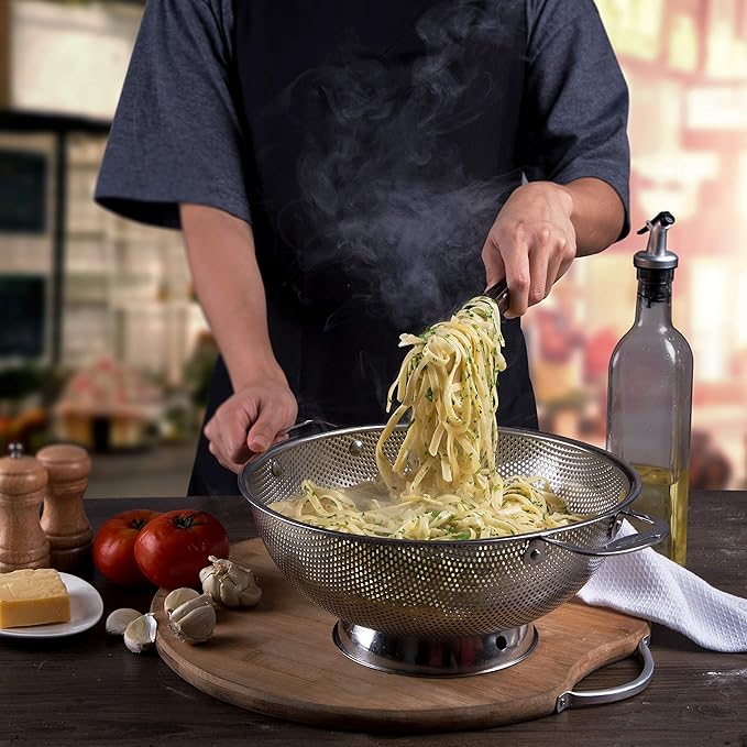 Stainless Steel Micro-Perforated 5-Quart Colander - Professional Strainer with Heavy Duty Handles and Self-draining Solid Ring Base - Dishwasher Safe